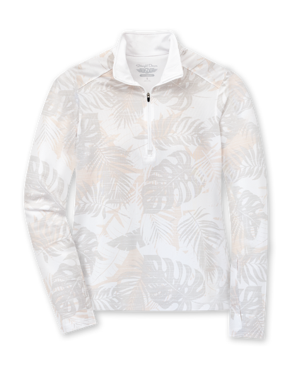 Women's Flora Quarter Zip in White, flat lay front view featuring an allover tropical leaf print in soft tan and grey tones on a white base with a quarter zip closure and stand-up collar