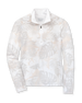 Women's Flora Quarter Zip in White, flat lay front view featuring an allover tropical leaf print in soft tan and grey tones on a white base with a quarter zip closure and stand-up collar