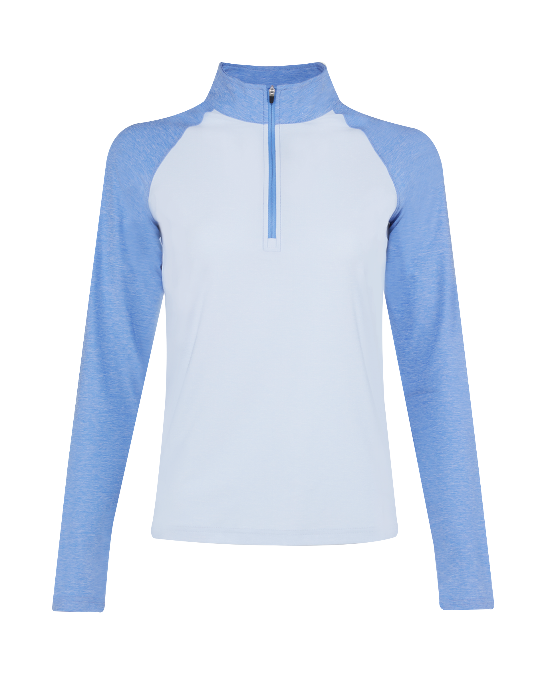 Light blue quarter-zip pullover with contrasting blue raglan sleeves, light body, and high collar
