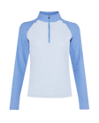 Light blue quarter-zip pullover with contrasting blue raglan sleeves, light body, and high collar
