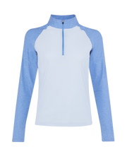 Light blue quarter-zip pullover with contrasting blue raglan sleeves, light body, and high collar
