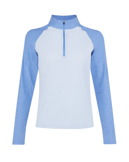 Light blue quarter-zip pullover with contrasting blue raglan sleeves, light body, and high collar
