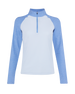 Light blue quarter-zip pullover with contrasting blue raglan sleeves, light body, and high collar
