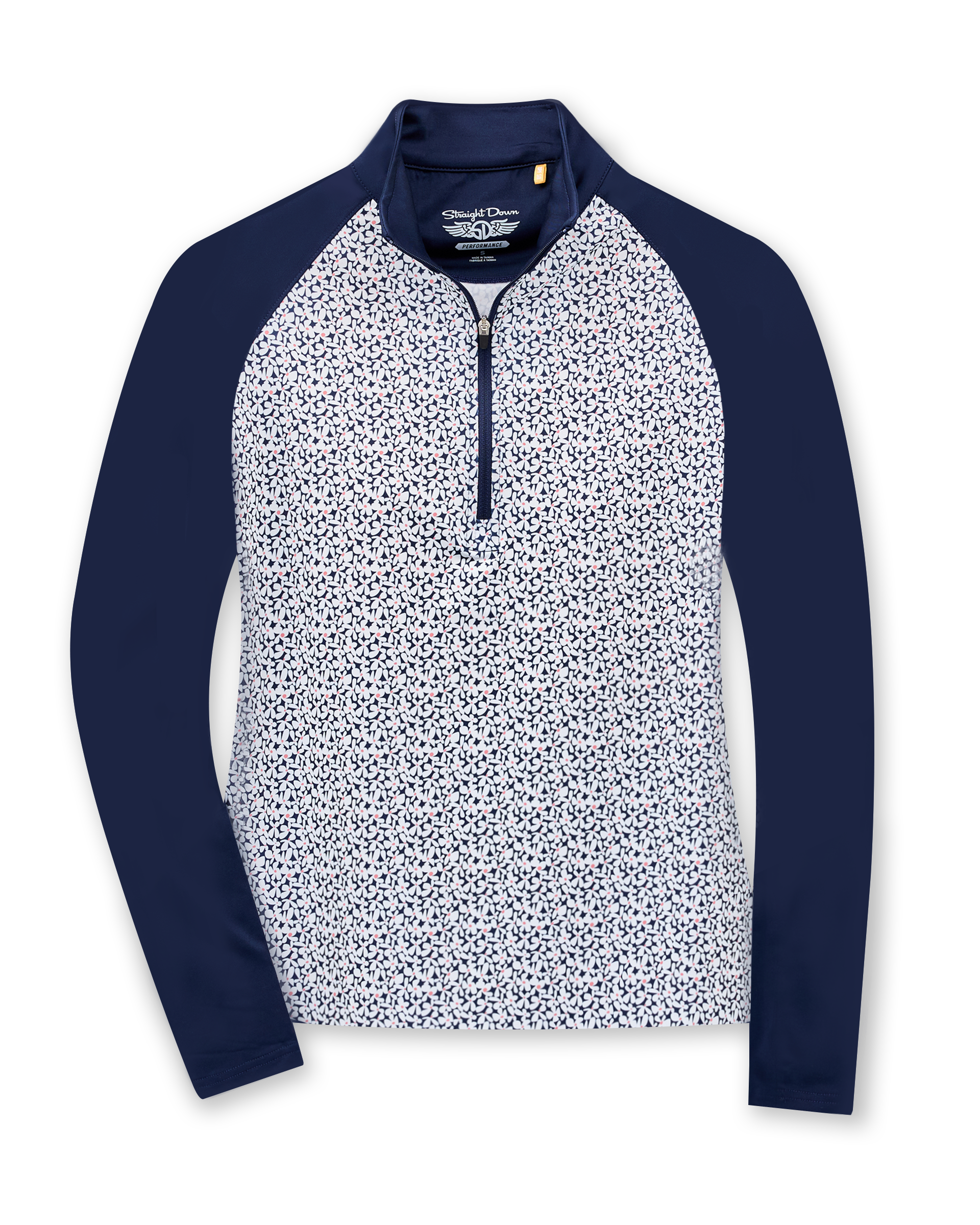 Straight Down Women's Daizee Quarter Zip in New Indigo, flat lay front view showing white floral print body with solid navy raglan sleeves, stand collar, and quarter zip closure