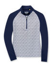 Straight Down Women's Daizee Quarter Zip in New Indigo, flat lay front view showing white floral print body with solid navy raglan sleeves, stand collar, and quarter zip closure