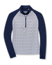 Straight Down Women's Daizee Quarter Zip in New Indigo, flat lay front view showing white floral print body with solid navy raglan sleeves, stand collar, and quarter zip closure