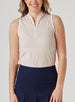 Orchard Sleeveless Polo in Bellini, front view on model featuring a peach sleeveless polo with an allover white delicate leaf and vine print and white armhole trim, paired with a navy pleated skort