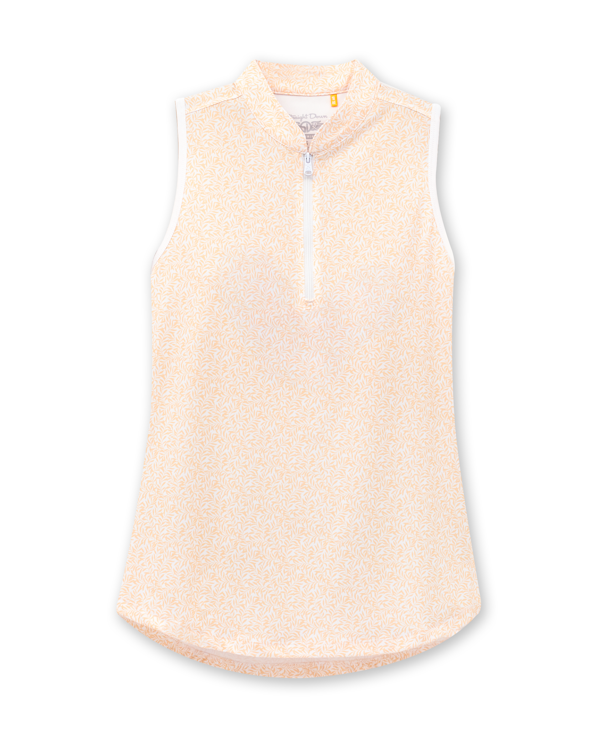 Orchard Sleeveless Polo in Bellini, flat lay front view featuring a peach sleeveless polo with an allover white delicate leaf and vine print, stand collar, white zip hardware, and white armhole trim