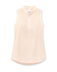 Orchard Sleeveless Polo in Bellini, flat lay front view featuring a peach sleeveless polo with an allover white delicate leaf and vine print, stand collar, white zip hardware, and white armhole trim