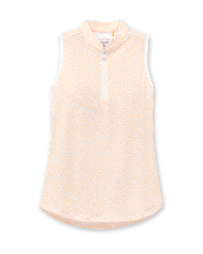 Orchard Sleeveless Polo in Bellini, flat lay front view featuring a peach sleeveless polo with an allover white delicate leaf and vine print, stand collar, white zip hardware, and white armhole trim