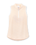 Orchard Sleeveless Polo in Bellini, flat lay front view featuring a peach sleeveless polo with an allover white delicate leaf and vine print, stand collar, white zip hardware, and white armhole trim