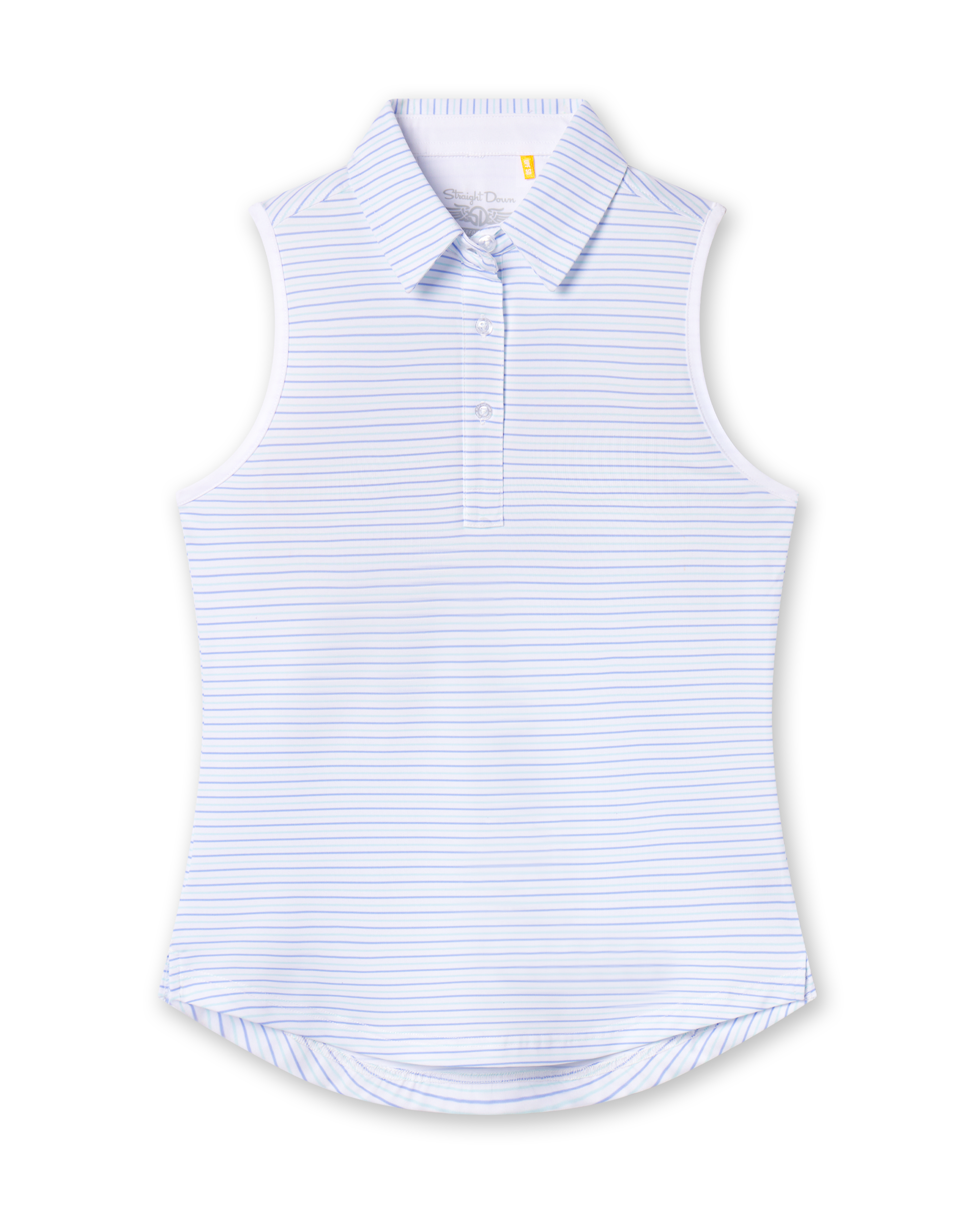 Women's Juno Stripe Sleeveless Polo in Glacier, flat lay view front featuring a white sleeveless polo with a blue and mint multi-stripe pattern, spread collar, and two-button placket