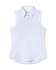 Women's Juno Stripe Sleeveless Polo in Glacier, flat lay view front featuring a white sleeveless polo with a blue and mint multi-stripe pattern, spread collar, and two-button placket