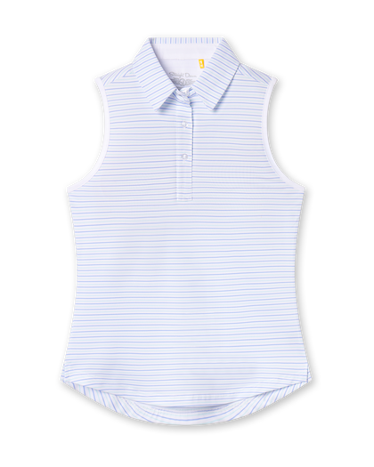 Women's Juno Stripe Sleeveless Polo in Glacier, flat lay view front featuring a white sleeveless polo with a blue and mint multi-stripe pattern, spread collar, and two-button placket