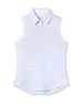Women's Juno Stripe Sleeveless Polo in Glacier, flat lay view front featuring a white sleeveless polo with a blue and mint multi-stripe pattern, spread collar, and two-button placket
