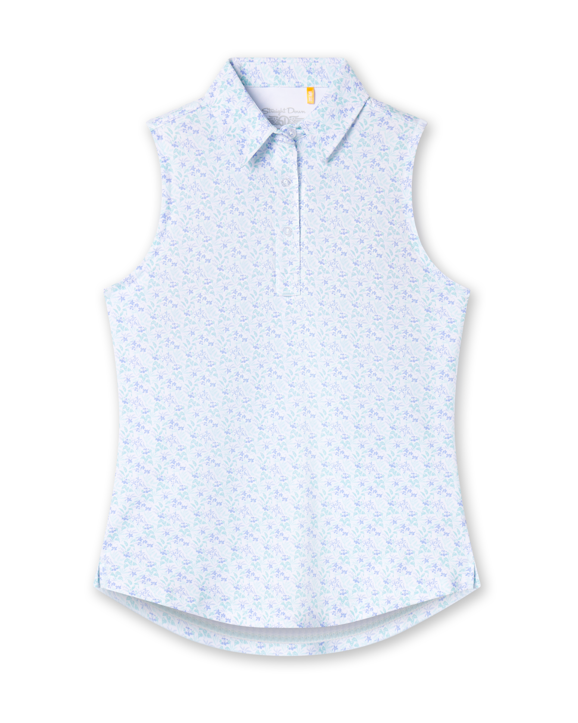 Women's Costa Rica Sleeveless Polo in Green Stone, flat lay view front featuring a white sleeveless polo with an allover small floral and leaf print in blue and mint green tones, spread collar, and three-button placket