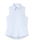Women's Costa Rica Sleeveless Polo in Green Stone, flat lay view front featuring a white sleeveless polo with an allover small floral and leaf print in blue and mint green tones, spread collar, and three-button placket