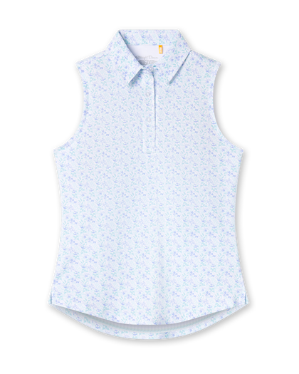 Women's Costa Rica Sleeveless Polo in Green Stone, flat lay view front featuring a white sleeveless polo with an allover small floral and leaf print in blue and mint green tones, spread collar, and three-button placket