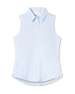 Women's Costa Rica Sleeveless Polo in Green Stone, flat lay view front featuring a white sleeveless polo with an allover small floral and leaf print in blue and mint green tones, spread collar, and three-button placket