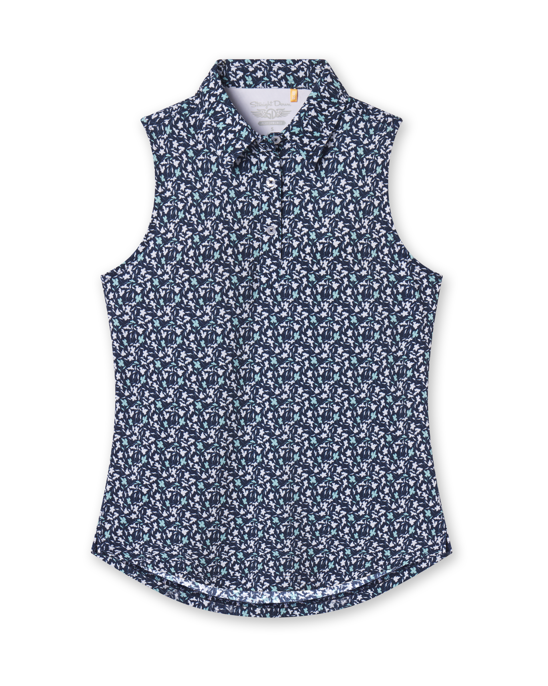 Women's Flores Sleeveless Polo in New Indigo, flat lay view front featuring a navy sleeveless polo with an allover small floral print in white and mint green tones, spread collar, and two-button placketWomen's Flores Sleeveless Polo in New Indigo, flat lay view front featuring a navy sleeveless polo with an allover small floral print in white and mint green tones, spread collar, and two-button placket