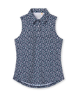 Women's Flores Sleeveless Polo in New Indigo, flat lay view front featuring a navy sleeveless polo with an allover small floral print in white and mint green tones, spread collar, and two-button placketWomen's Flores Sleeveless Polo in New Indigo, flat lay view front featuring a navy sleeveless polo with an allover small floral print in white and mint green tones, spread collar, and two-button placket