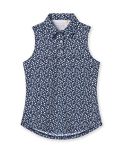 Women's Flores Sleeveless Polo in New Indigo, flat lay view front featuring a navy sleeveless polo with an allover small floral print in white and mint green tones, spread collar, and two-button placketWomen's Flores Sleeveless Polo in New Indigo, flat lay view front featuring a navy sleeveless polo with an allover small floral print in white and mint green tones, spread collar, and two-button placket