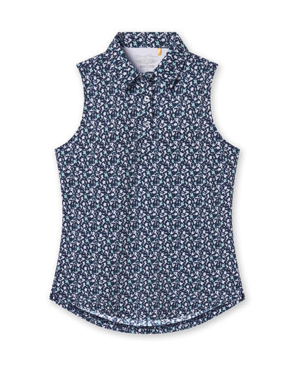 Women's Flores Sleeveless Polo in New Indigo, flat lay view front featuring a navy sleeveless polo with an allover small floral print in white and mint green tones, spread collar, and two-button placketWomen's Flores Sleeveless Polo in New Indigo, flat lay view front featuring a navy sleeveless polo with an allover small floral print in white and mint green tones, spread collar, and two-button placket
