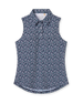 Women's Flores Sleeveless Polo in New Indigo, flat lay view front featuring a navy sleeveless polo with an allover small floral print in white and mint green tones, spread collar, and two-button placketWomen's Flores Sleeveless Polo in New Indigo, flat lay view front featuring a navy sleeveless polo with an allover small floral print in white and mint green tones, spread collar, and two-button placket