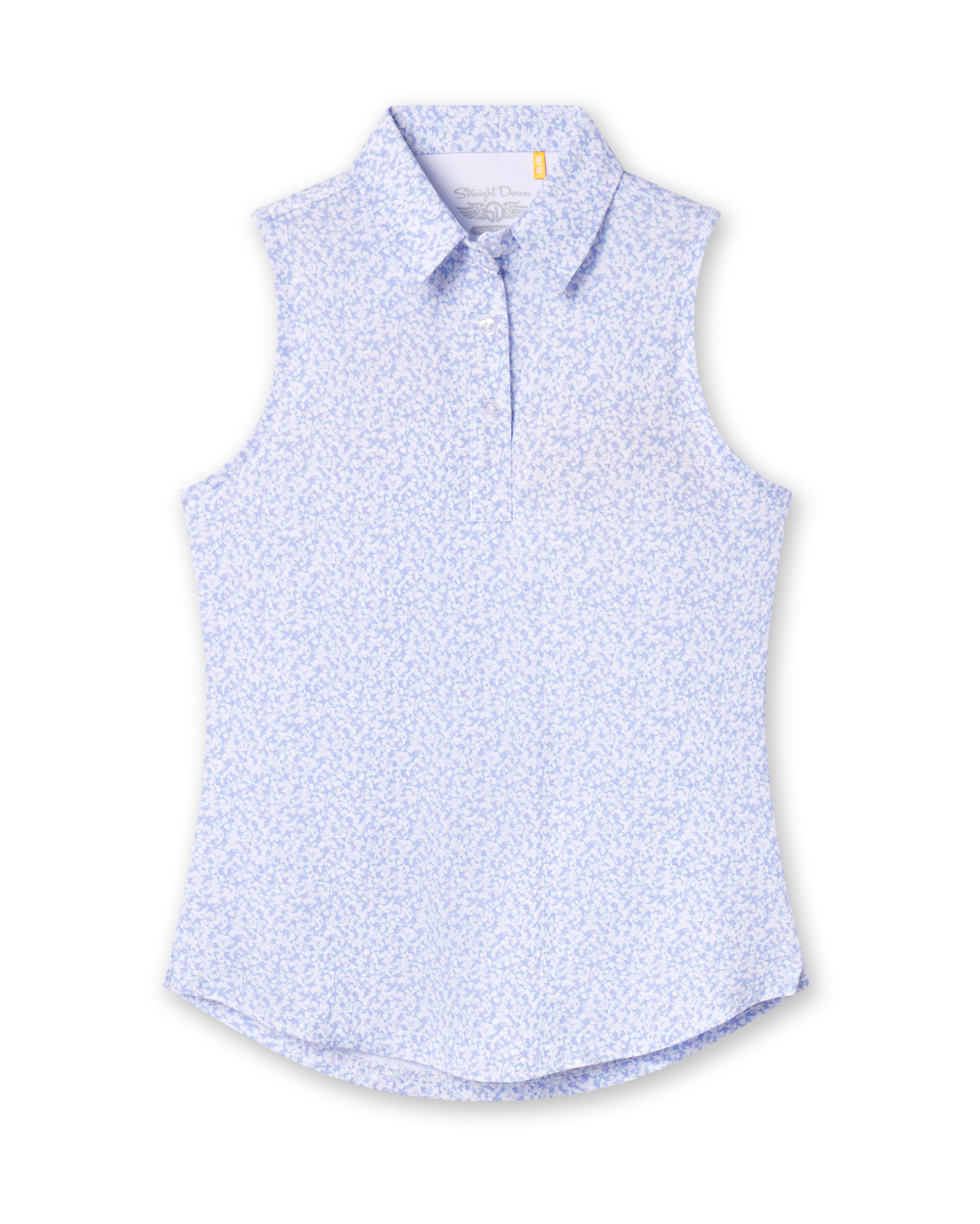 Women's Hydra Sleeveless Polo in Lavender, flat lay view front featuring a white sleeveless polo with an allover small floral print in light blue tones, spread collar, and two-button placket