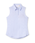 Women's Hydra Sleeveless Polo in Lavender, flat lay view front featuring a white sleeveless polo with an allover small floral print in light blue tones, spread collar, and two-button placket