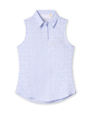 Women's Hydra Sleeveless Polo in Lavender, flat lay view front featuring a white sleeveless polo with an allover small floral print in light blue tones, spread collar, and two-button placket