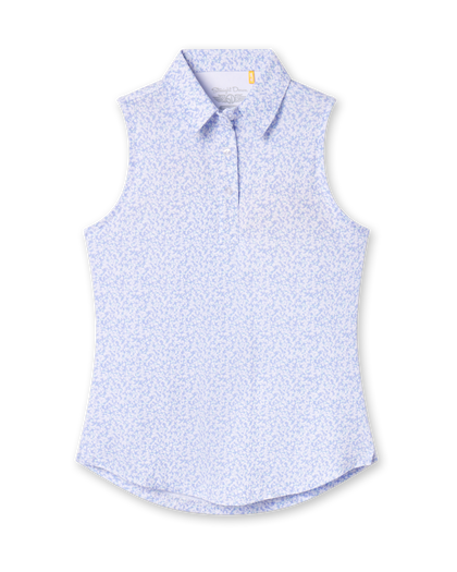 Women's Hydra Sleeveless Polo in Lavender, flat lay view front featuring a white sleeveless polo with an allover small floral print in light blue tones, spread collar, and two-button placket