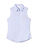 Women's Hydra Sleeveless Polo in Lavender, flat lay view front featuring a white sleeveless polo with an allover small floral print in light blue tones, spread collar, and two-button placket