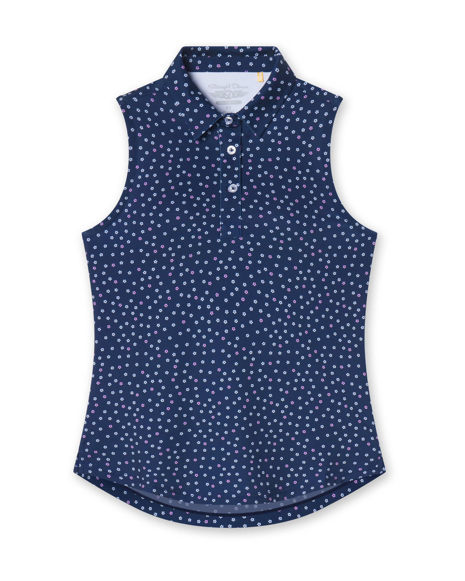 Cherry Bloom Sleeveless Polo in New Indigo, flat lay front view featuring a navy base with a scattered white and pink floral print
