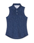 Cherry Bloom Sleeveless Polo in New Indigo, flat lay front view featuring a navy base with a scattered white and pink floral print