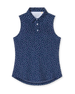 Cherry Bloom Sleeveless Polo in New Indigo, flat lay front view featuring a navy base with a scattered white and pink floral print