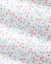 White fabric with a delicate repeating floral pattern of small coral-pink blossoms and light blue leaves on thin stems.