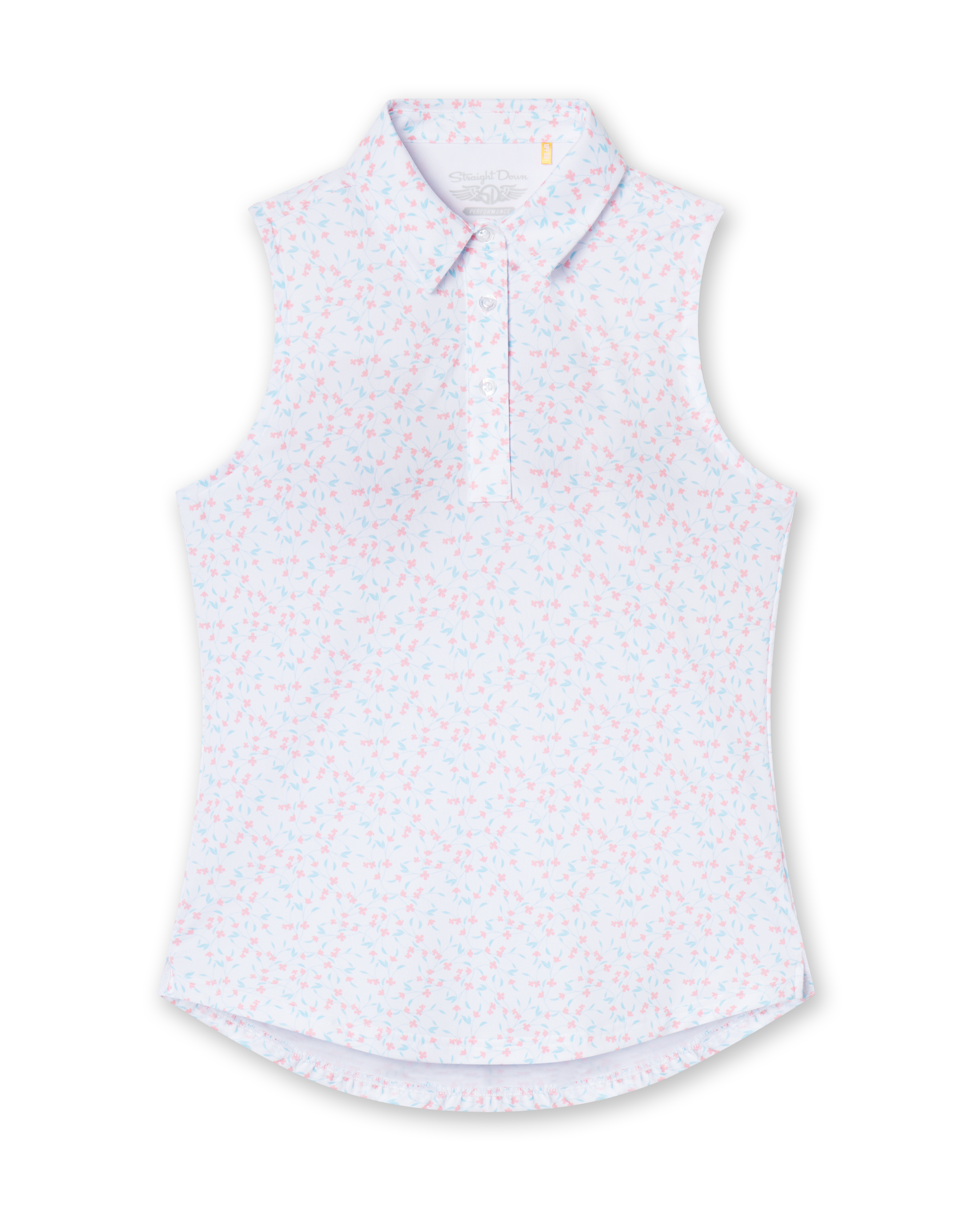 Valerie Sleeveless Polo in Spritz, flat lay front view featuring a white base with coral floral and light blue vine allover print pattern