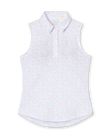 Valerie Sleeveless Polo in Spritz, flat lay front view featuring a white base with coral floral and light blue vine allover print pattern