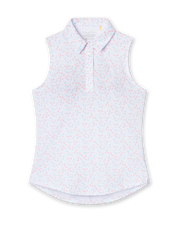 Valerie Sleeveless Polo in Spritz, flat lay front view featuring a white base with coral floral and light blue vine allover print pattern