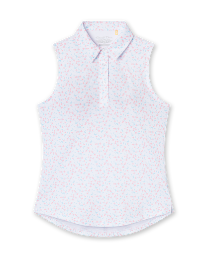 Valerie Sleeveless Polo in Spritz, flat lay front view featuring a white base with coral floral and light blue vine allover print pattern