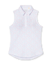Valerie Sleeveless Polo in Spritz, flat lay front view featuring a white base with coral floral and light blue vine allover print pattern