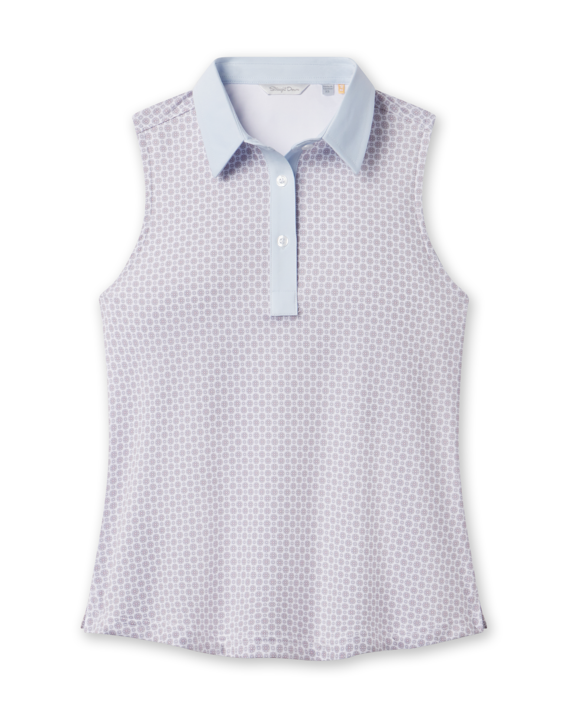 Front product view of the Milano Sleeveless Polo in Lake, featuring a small geometric print, light blue contrast collar and placket, and sleeveless silhouette.
