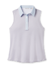 Front product view of the Milano Sleeveless Polo in Lake, featuring a small geometric print, light blue contrast collar and placket, and sleeveless silhouette.
