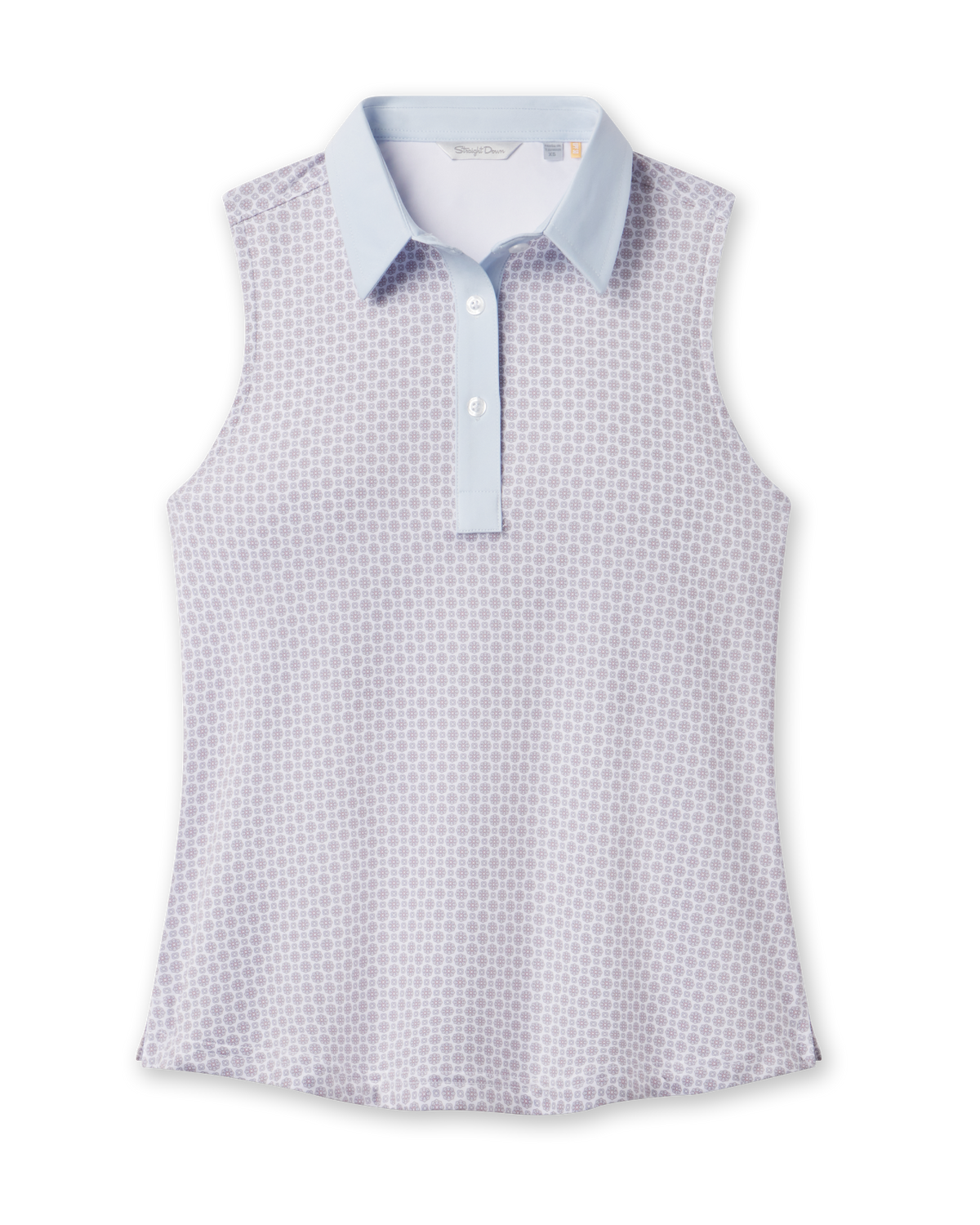Front product view of the Milano Sleeveless Polo in Lake, featuring a small geometric print, light blue contrast collar and placket, and sleeveless silhouette.