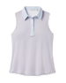 Front product view of the Milano Sleeveless Polo in Lake, featuring a small geometric print, light blue contrast collar and placket, and sleeveless silhouette.
