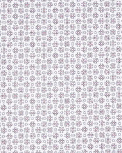 Close-up of the Milano Sleeveless Polo in Lake fabric featuring a repeating geometric medallion pattern with light blue and subtle pink accents.