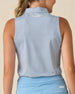 Milano Sleeveless Polo in Gemstone, back view featuring a white base with navy geometric medallion allover print pattern with Straight Down embroidered logo at the back collar, paired with a light blue skort
