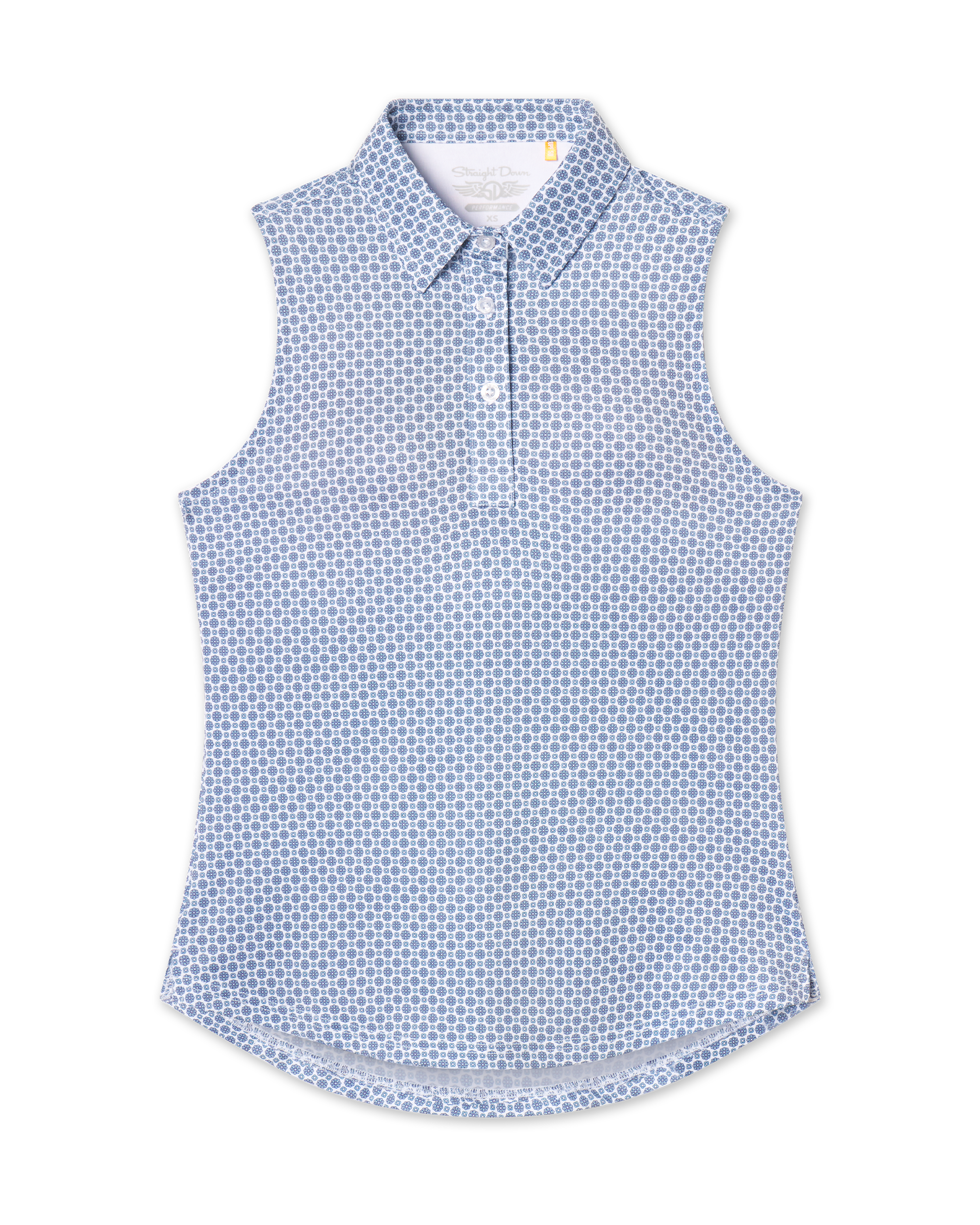 Milano Sleeveless Polo in Gemstone, flat lay front view featuring a white base with navy geometric medallion allover print pattern