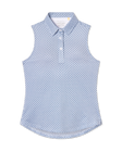 Milano Sleeveless Polo in Gemstone, flat lay front view featuring a white base with navy geometric medallion allover print pattern
